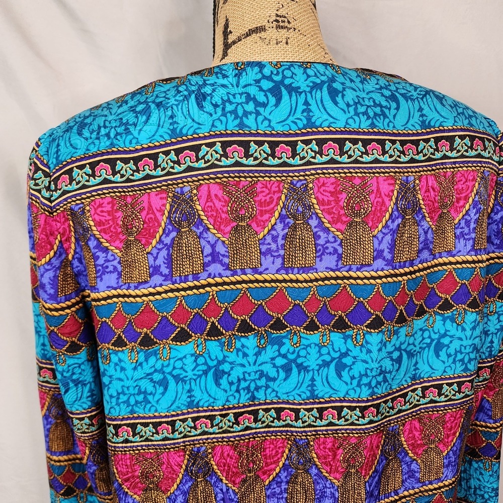 Vintage ADRIANNA PAPELL Size 12 Rope Tassel Print 100% Silk Bright Retro Blouse - Picture 9 of 12